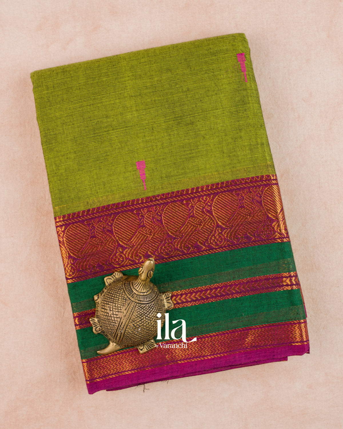 Mehendi Green Pure Chettinad Cotton Handloom Saree — Folded