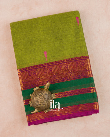 Mehendi Green Pure Chettinad Cotton Handloom Saree — Folded