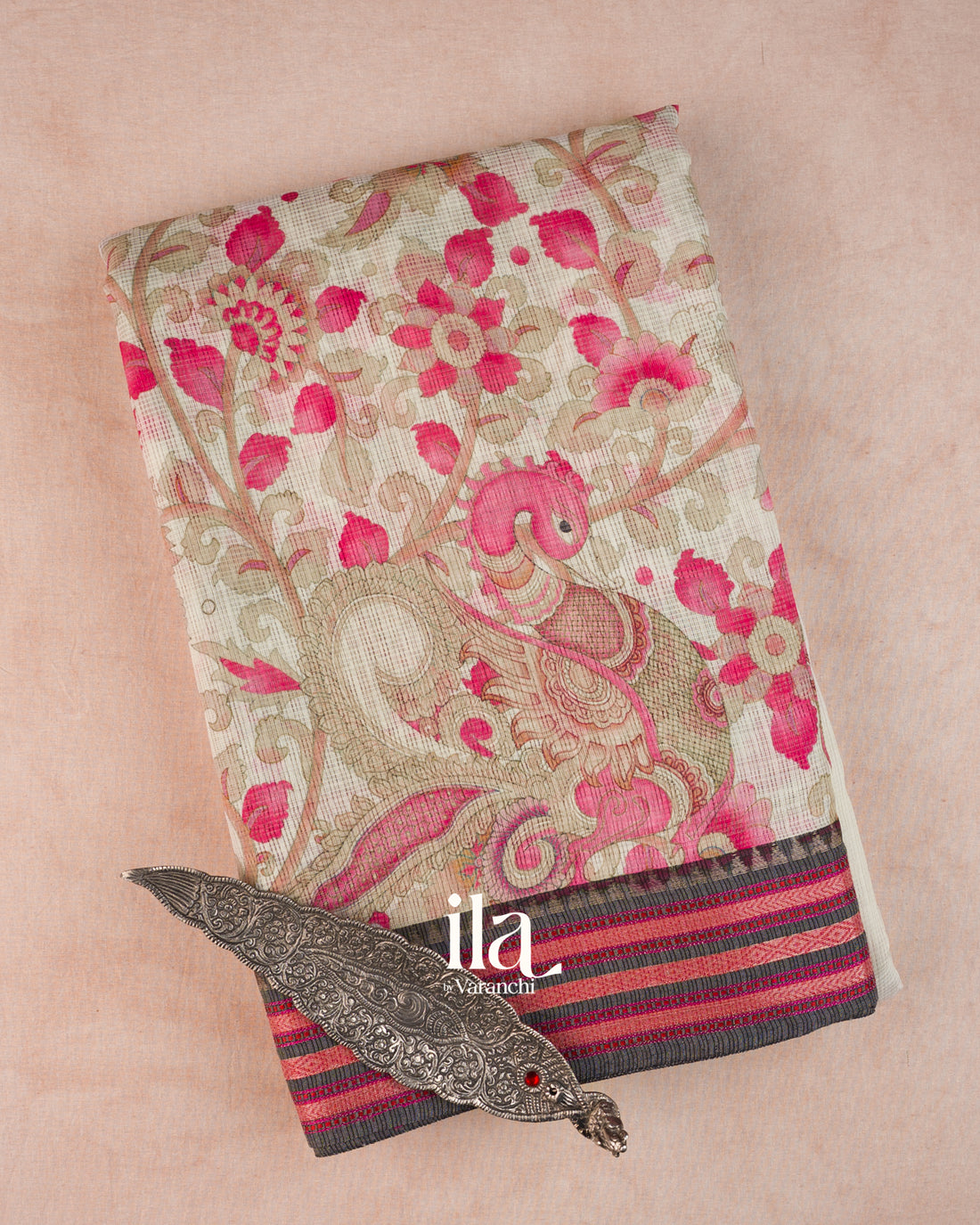 Ivory Peacock Kalamkari Printed Cotton Saree