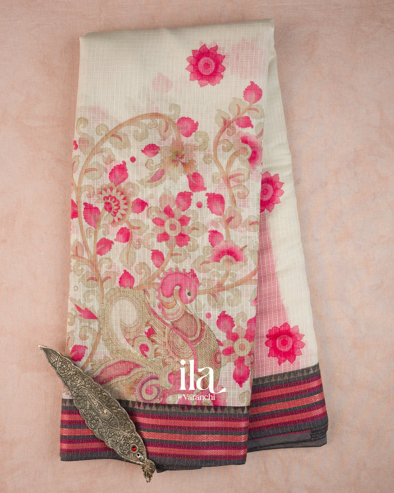 Ivory Peacock Kalamkari Printed Cotton Saree