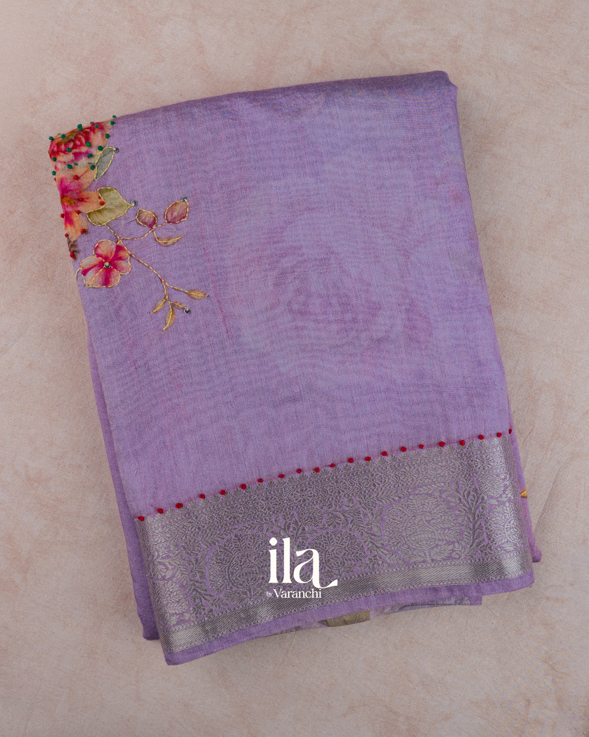 Lavender Floral Embroidered Viscose Chanderi Saree — Folded