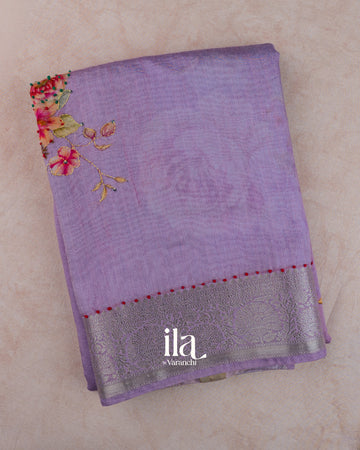Lavender Floral Embroidered Viscose Chanderi Saree — Folded