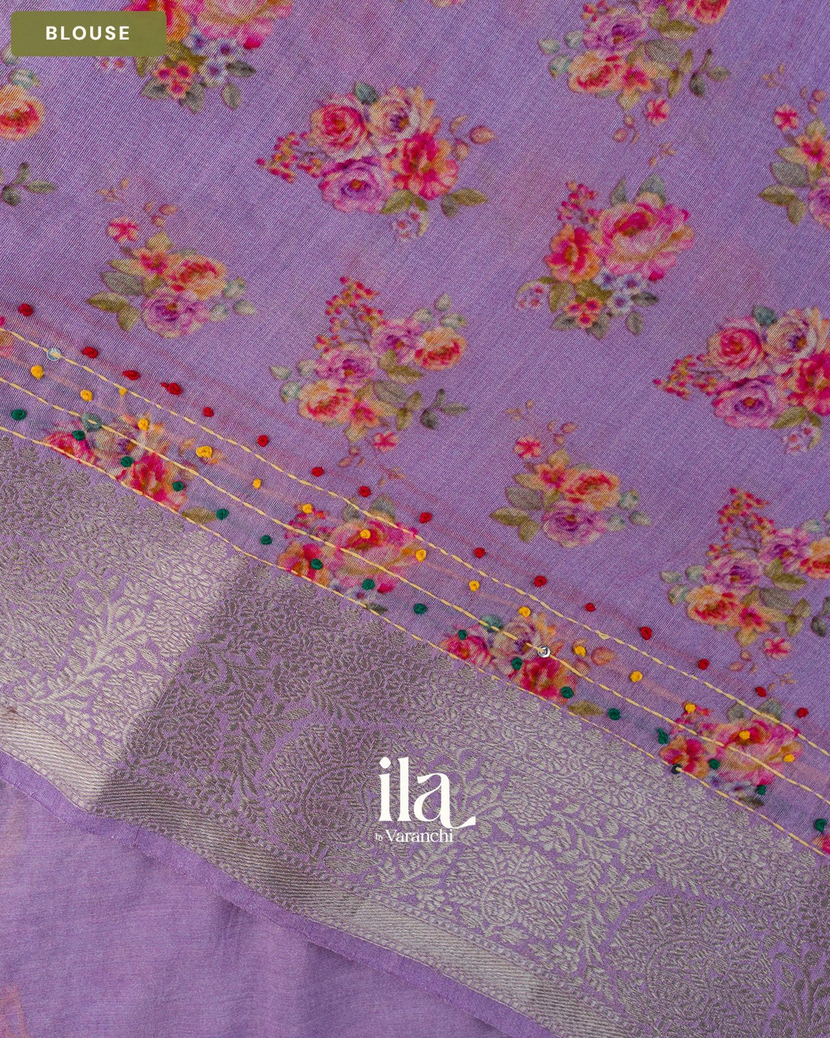Lavender Floral Embroidered Viscose Chanderi Saree — Blouse