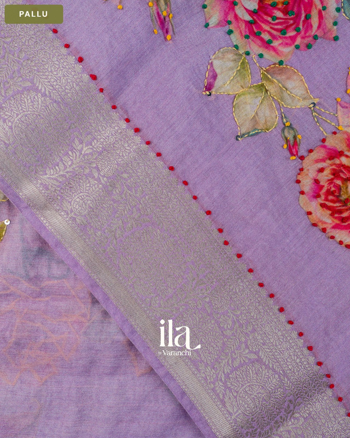 Lavender Floral Embroidered Viscose Chanderi Saree — Pallu