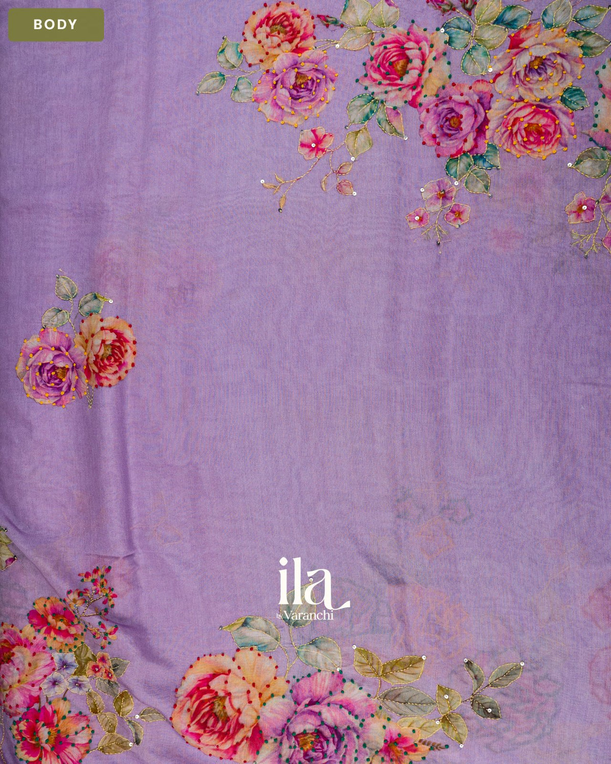 Lavender Floral Embroidered Viscose Chanderi Saree — Body