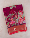Wine Pink Floral Embroidered Viscose Chanderi Saree — Folded