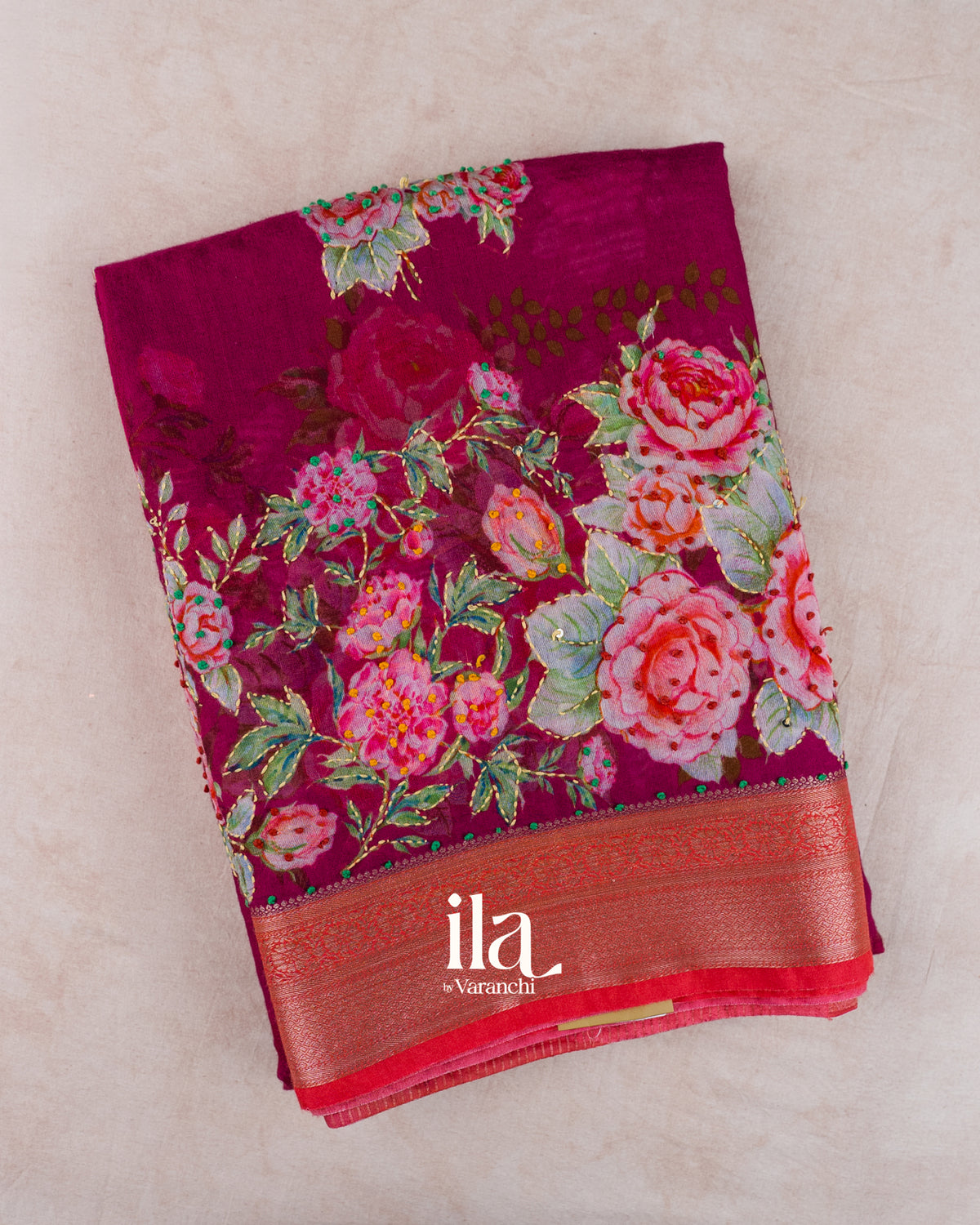 Wine Pink Floral Embroidered Viscose Chanderi Saree — Folded