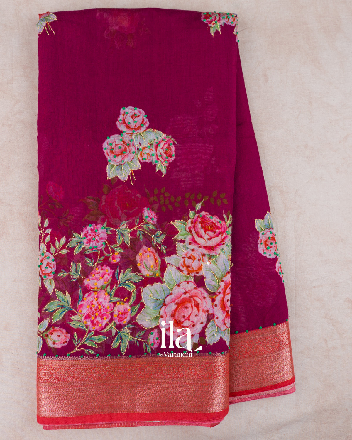 Wine Pink Floral Embroidered Viscose Chanderi Saree — Full Saree