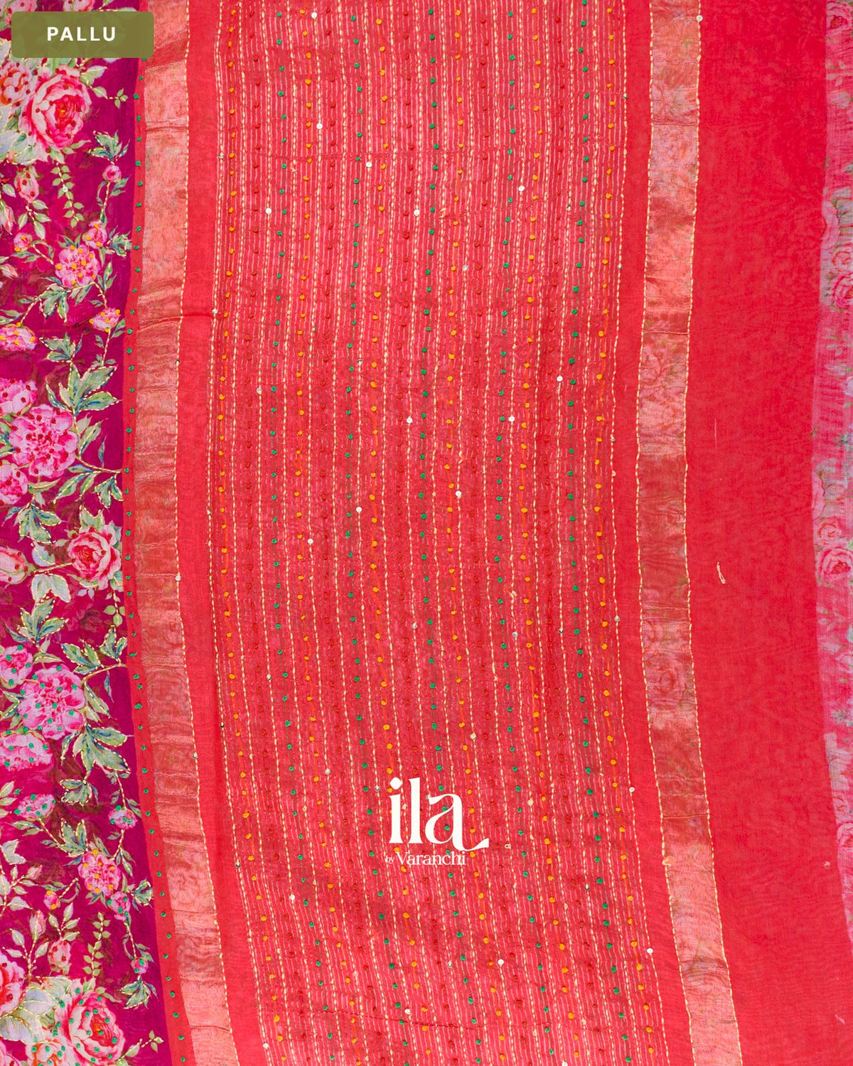 Wine Pink Floral Embroidered Viscose Chanderi Saree — Pallu