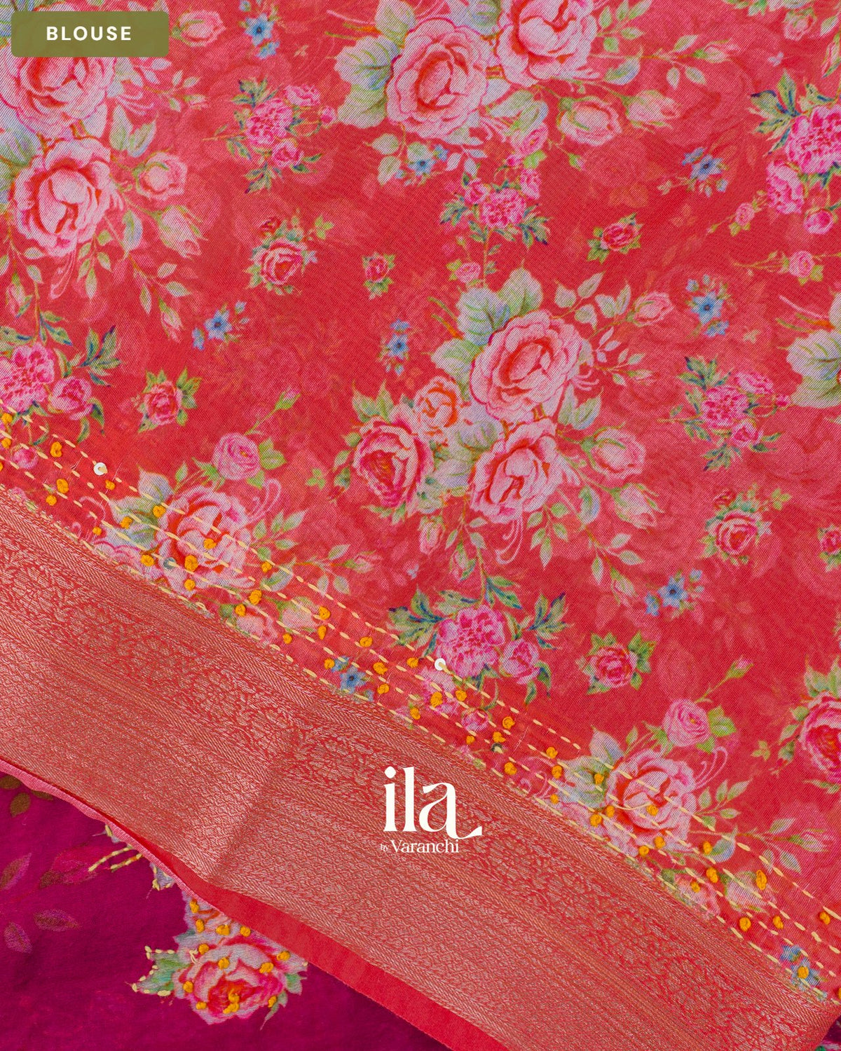 Wine Pink Floral Embroidered Viscose Chanderi Saree — Blouse