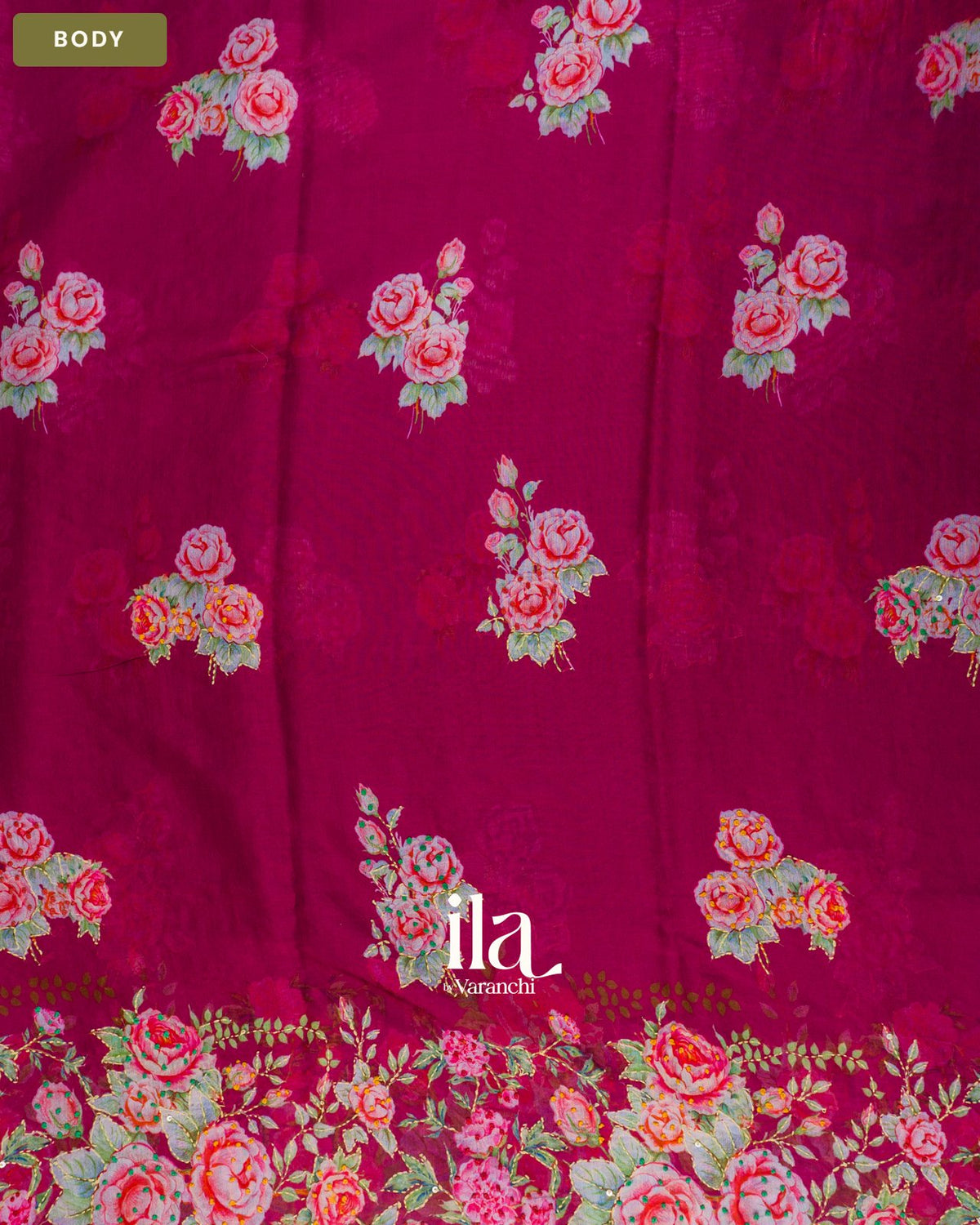 Wine Pink Floral Embroidered Viscose Chanderi Saree — Body