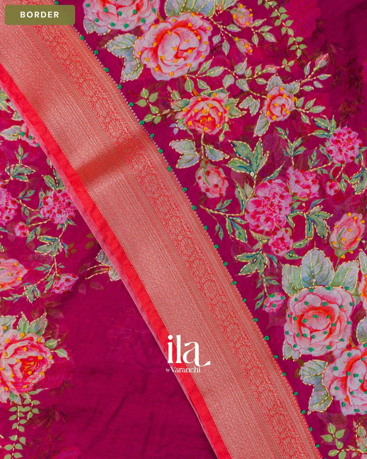Wine Pink Floral Embroidered Viscose Chanderi Saree — Border