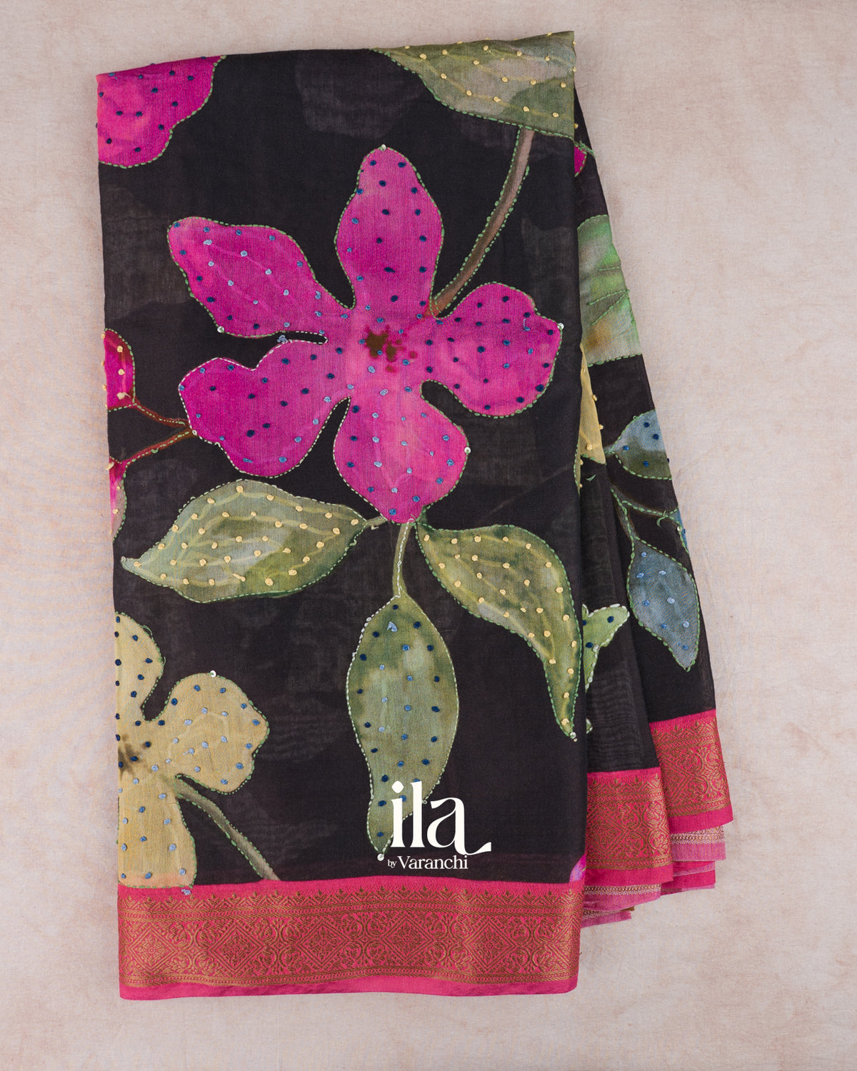 Brownish Black Floral Embroidered Viscose Chanderi Saree — Full Saree