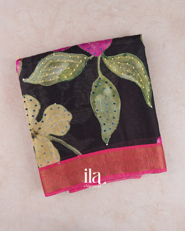 Brownish Black Floral Embroidered Viscose Chanderi Saree — Folded