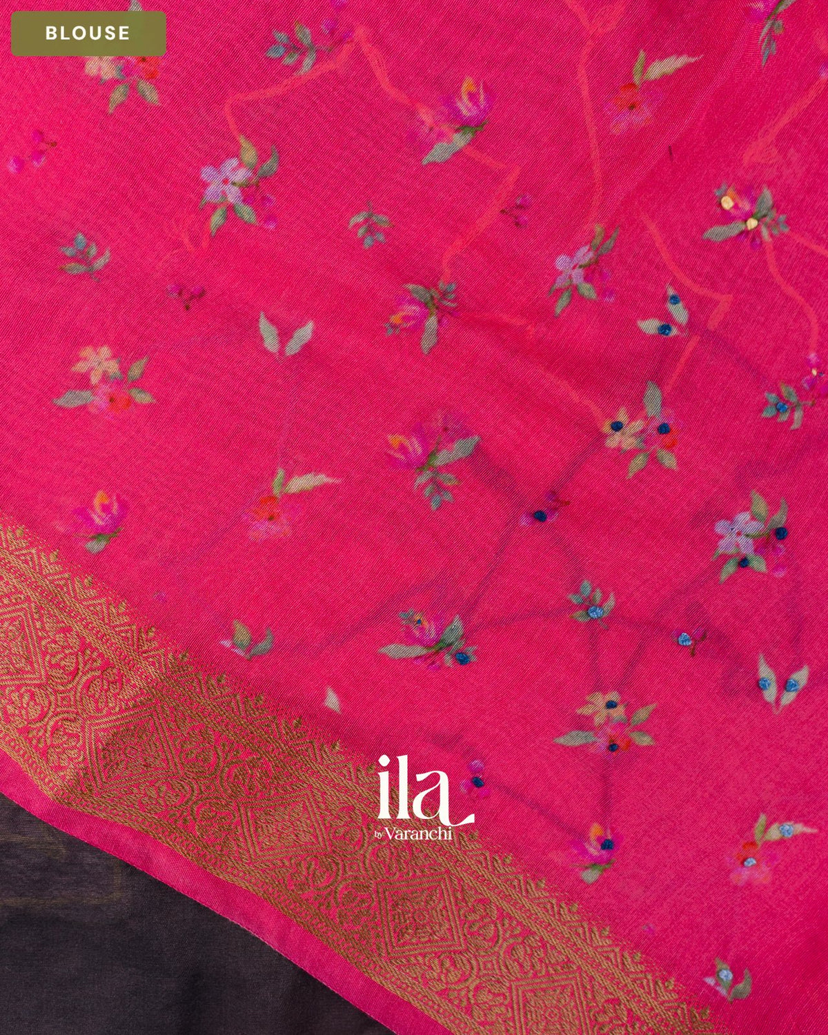 Brownish Black Floral Embroidered Viscose Chanderi Saree — Blouse