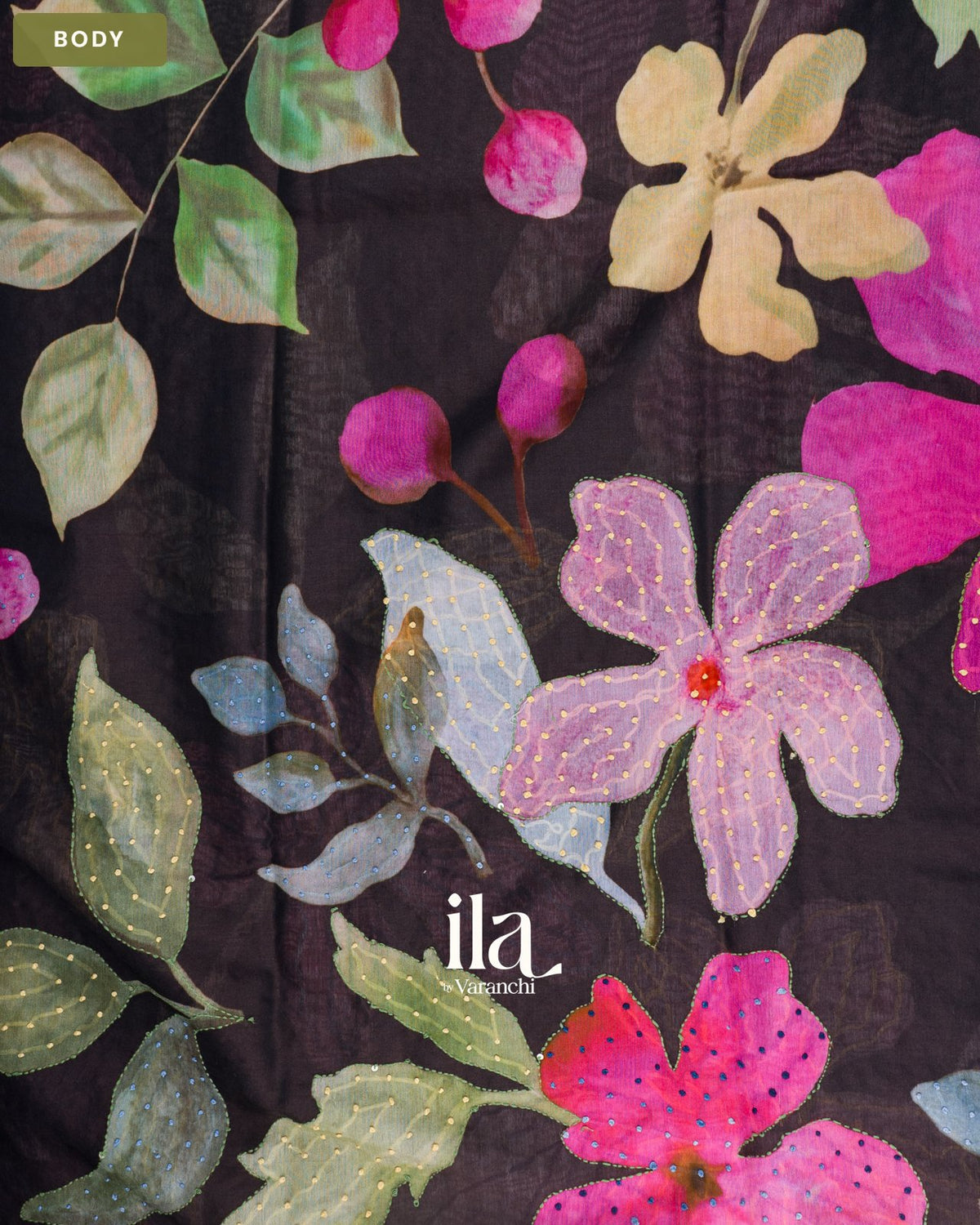 Brownish Black Floral Embroidered Viscose Chanderi Saree — Body