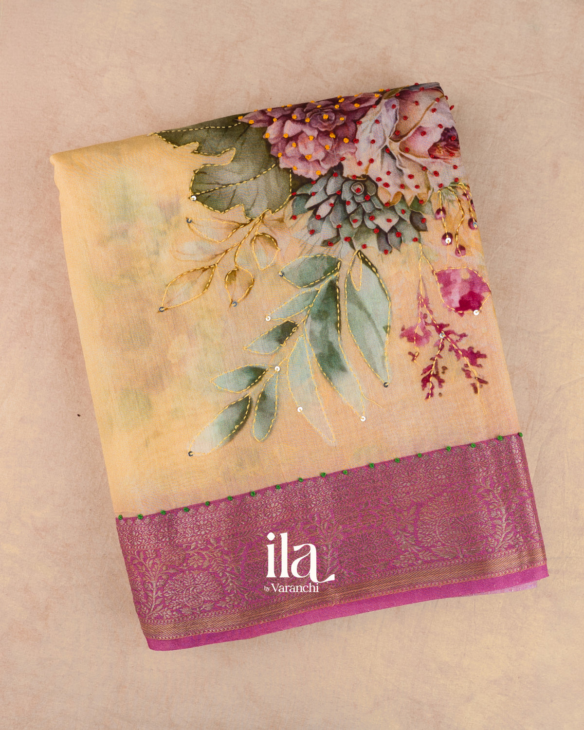 Butter Yellow Floral Embroidered Viscose Chanderi Saree — Folded