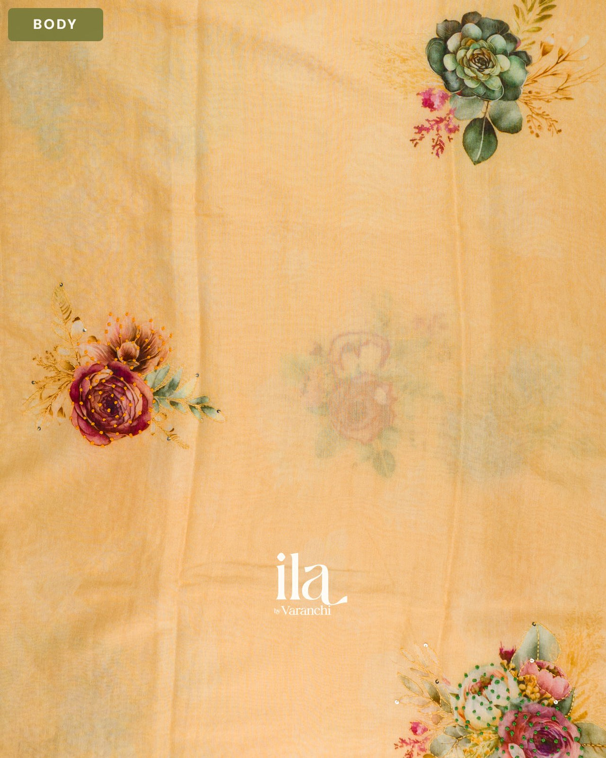 Butter Yellow Floral Embroidered Viscose Chanderi Saree — Body