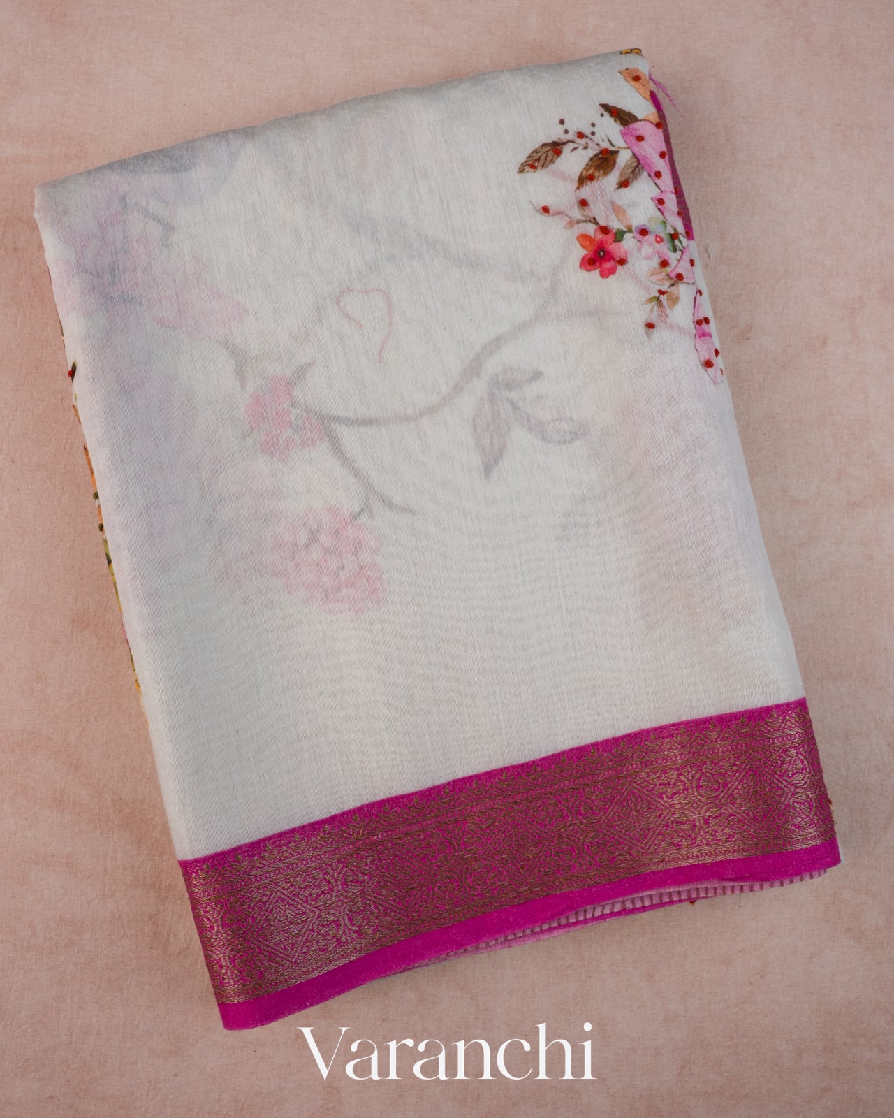Off-White Floral Digital Printed Semi Chanderi Saree