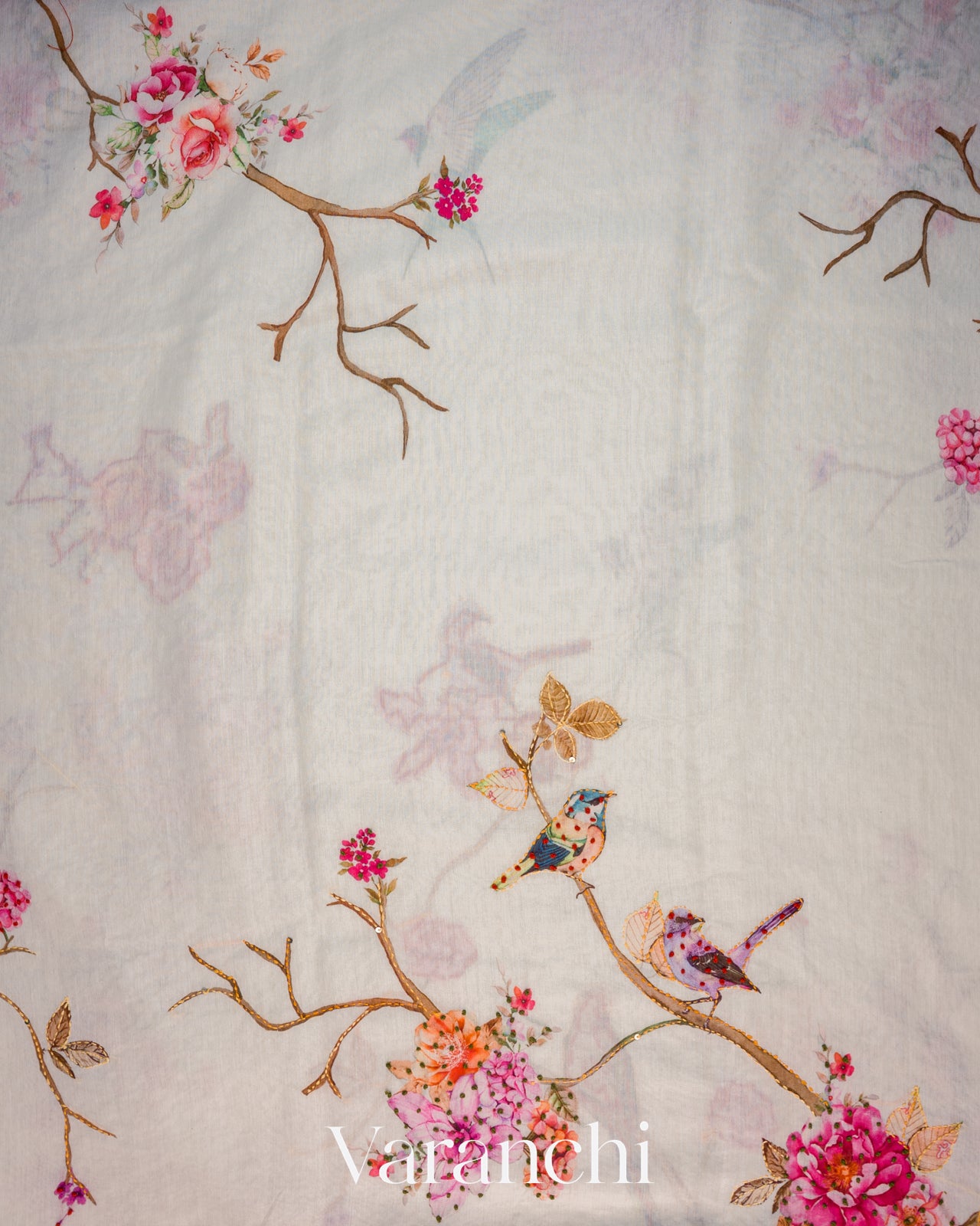 Off-White Floral Digital Printed Semi Chanderi Saree