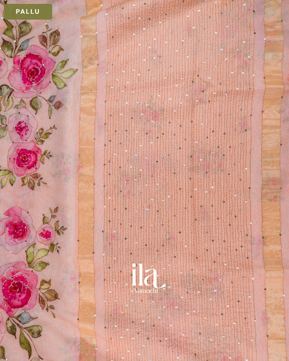 Peach Floral Embroidered Viscose Chanderi Saree — Pallu