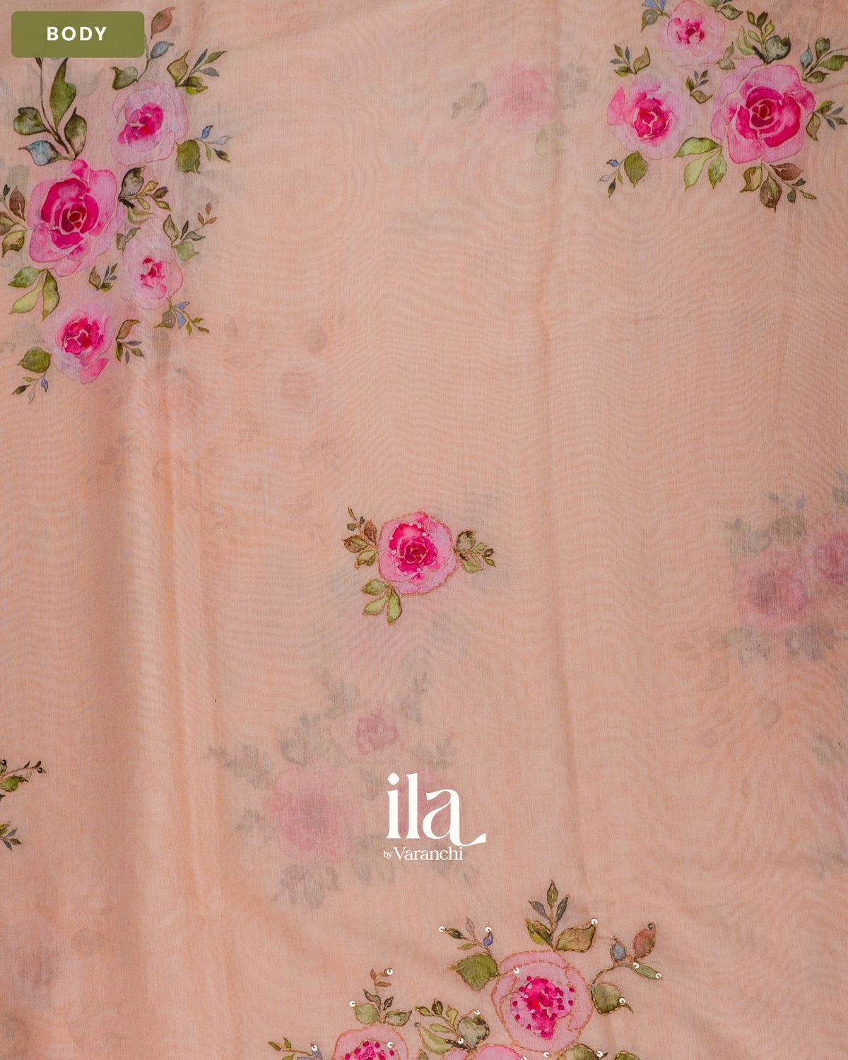 Peach Floral Embroidered Viscose Chanderi Saree — Body