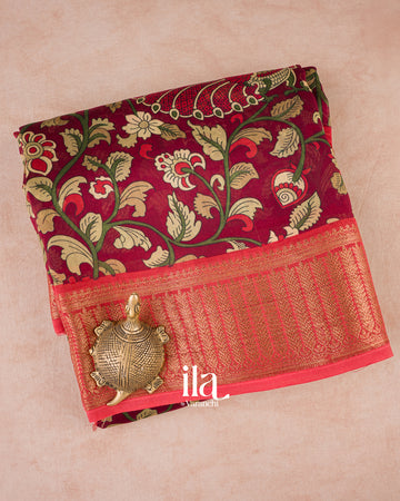 Maroon Kalamkari Printed Pure Chanderi Cotton Saree