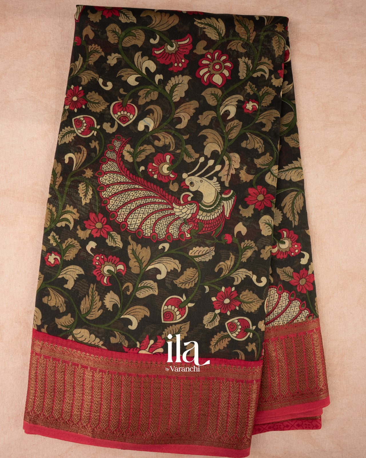 Black Kalamkari Pure Chanderi Cotton Saree