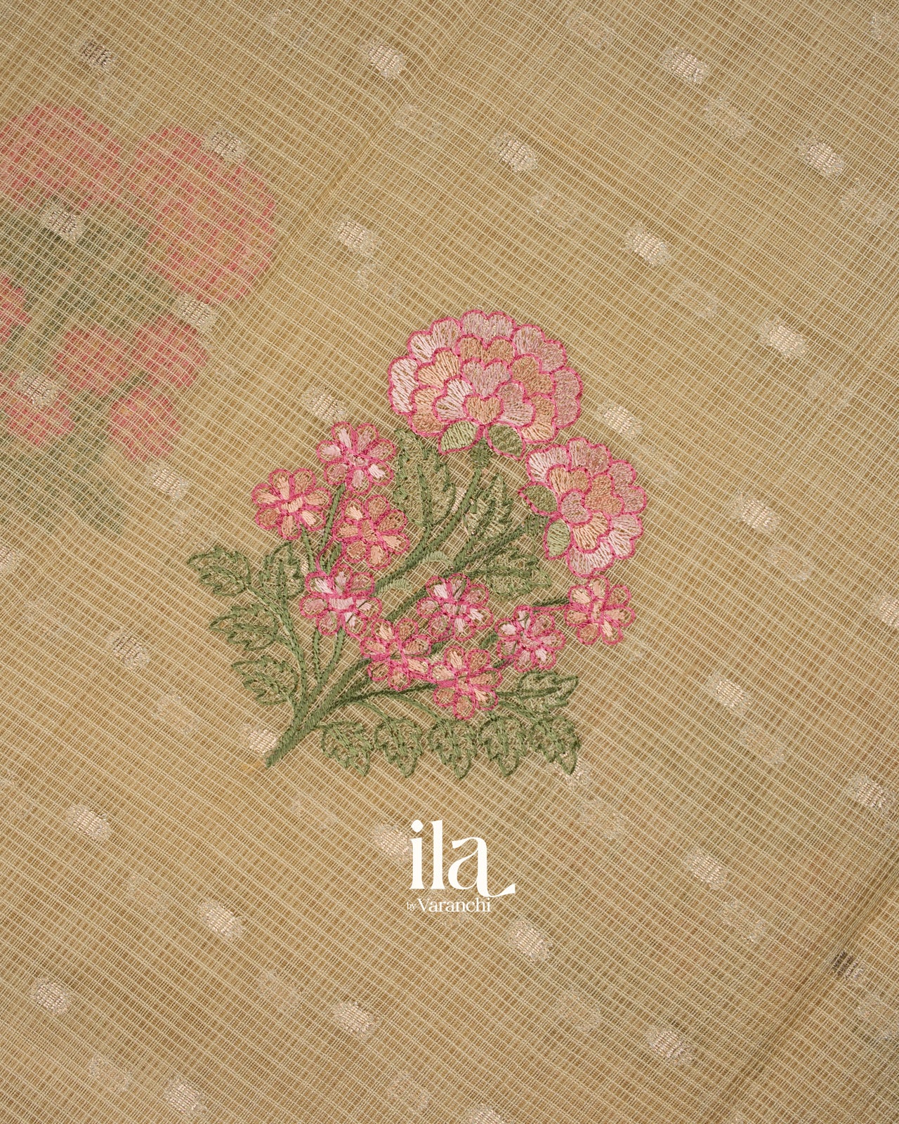 Golden Taupe Floral Embroidered Cotton Kota Saree