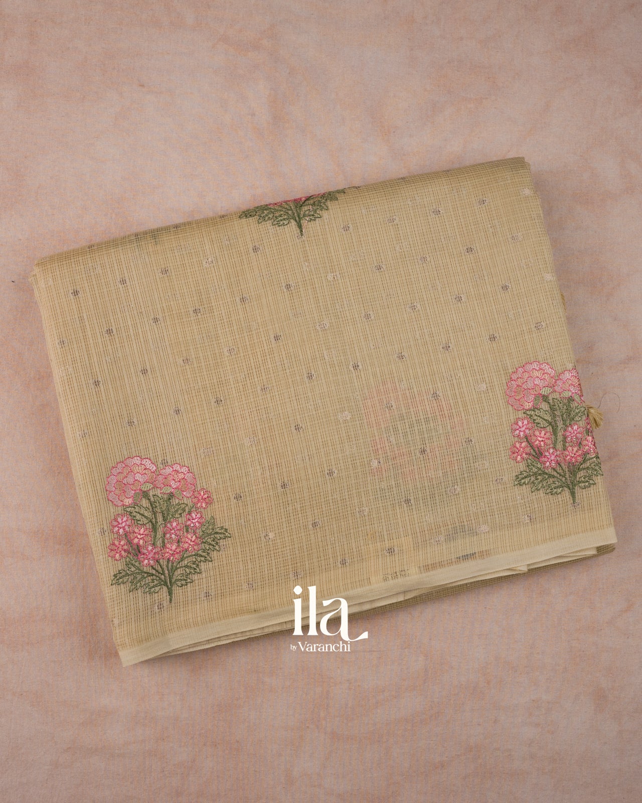 Golden Taupe Floral Embroidered Cotton Kota Saree