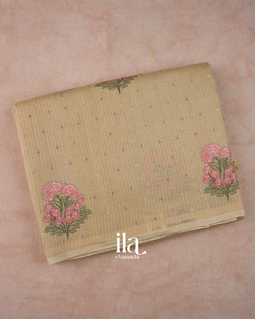 Golden Taupe Floral Embroidered Cotton Kota Saree