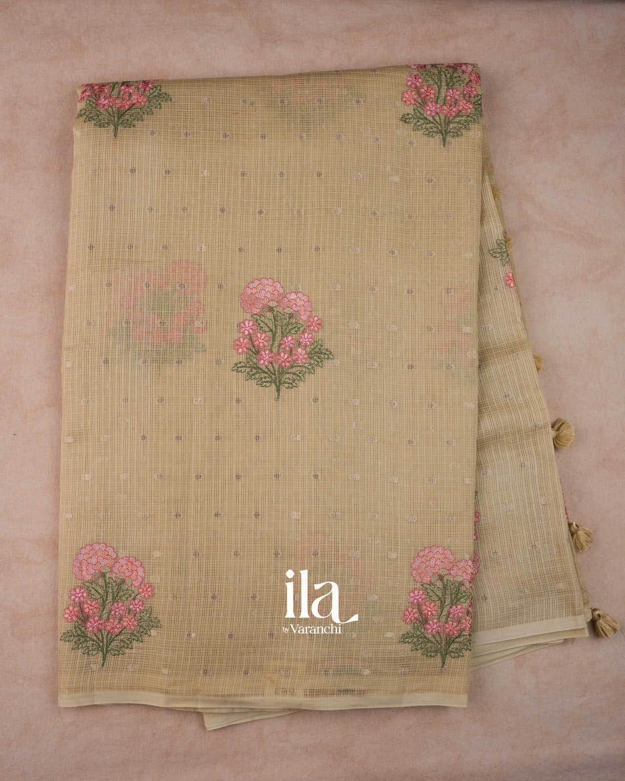 Golden Taupe Floral Embroidered Cotton Kota Saree