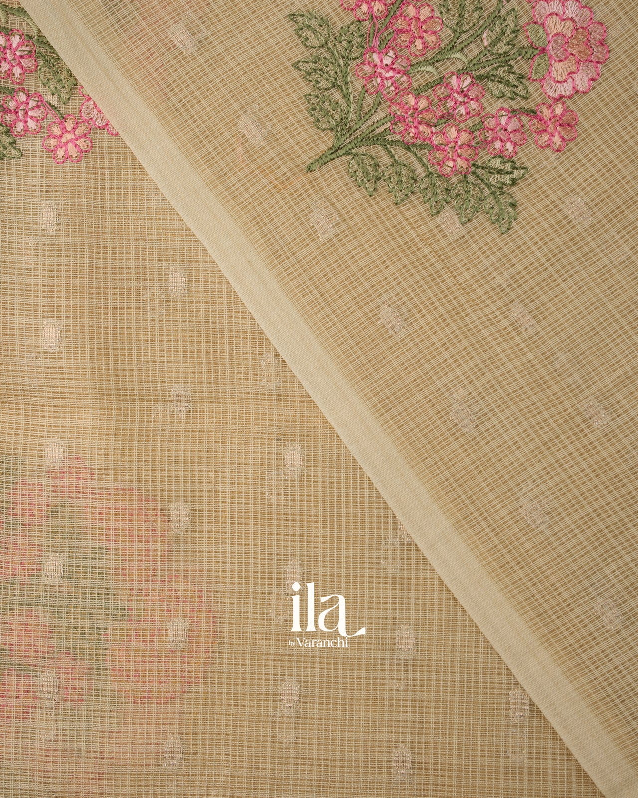 Golden Taupe Floral Embroidered Cotton Kota Saree