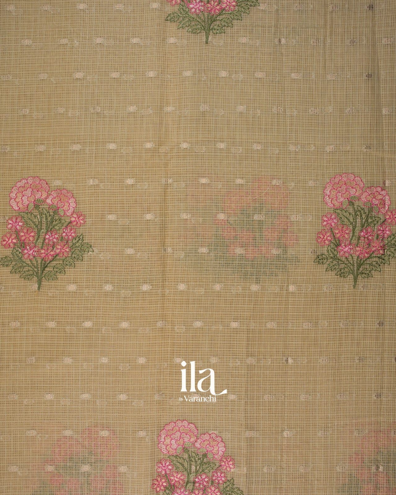 Golden Taupe Floral Embroidered Cotton Kota Saree