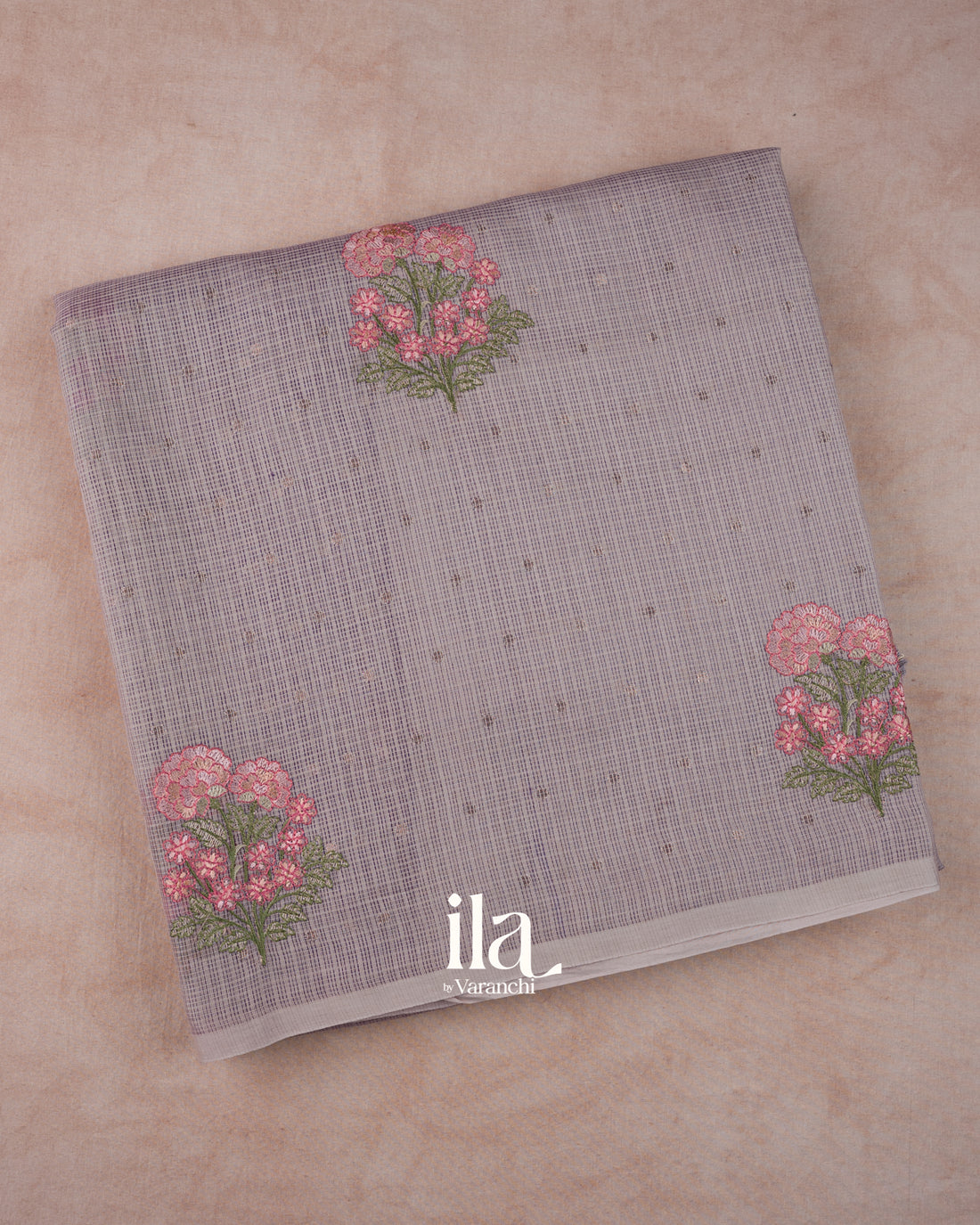 Dusty Lavender Grey Floral Embroidered Cotton Saree