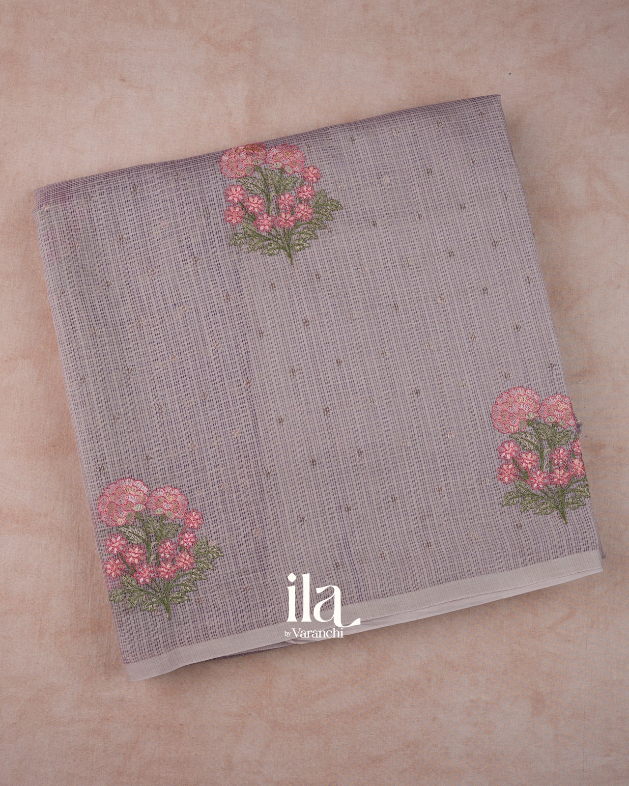 Dusty Lavender Grey Floral Embroidered Cotton Saree
