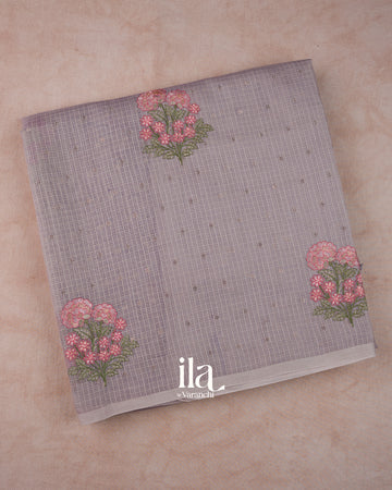 Dusty Lavender Grey Floral Embroidered Cotton Saree
