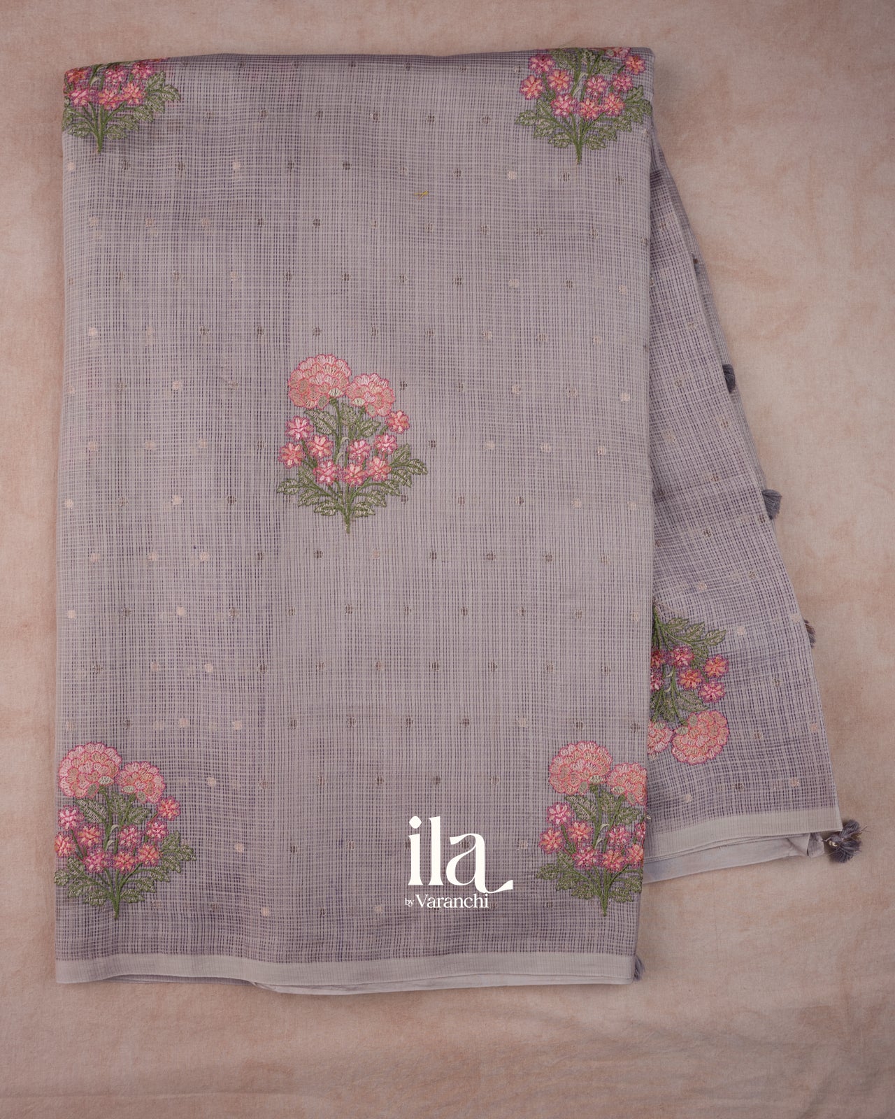 Dusty Lavender Grey Floral Embroidered Cotton Saree
