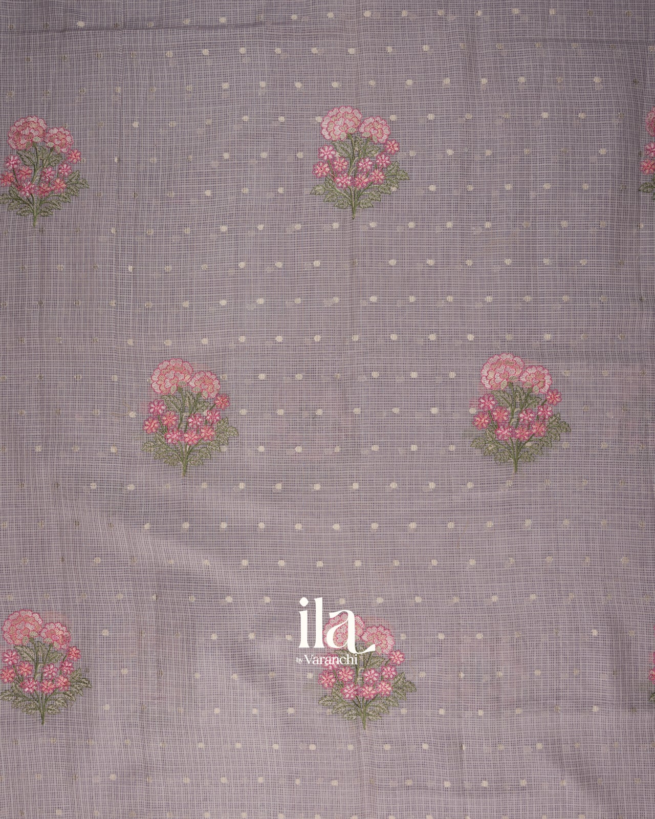 Dusty Lavender Grey Floral Embroidered Cotton Saree