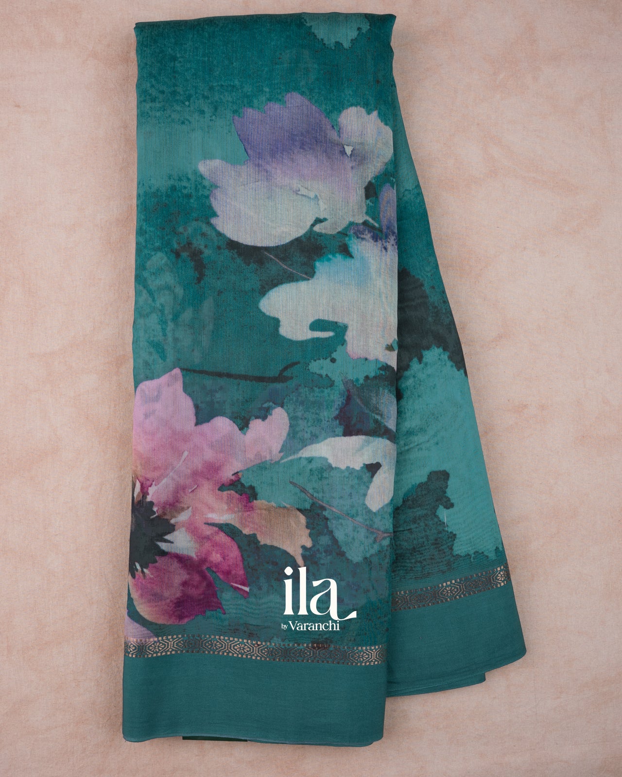 Prussian Blue Floral Print Cotton Saree