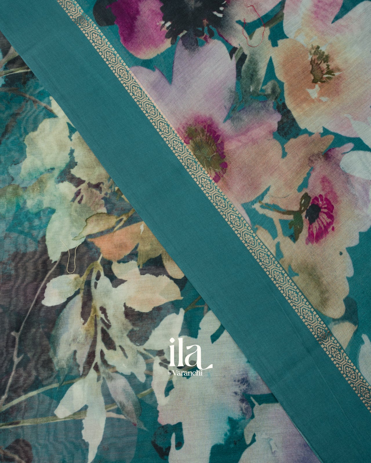 Prussian Blue Floral Print Cotton Saree