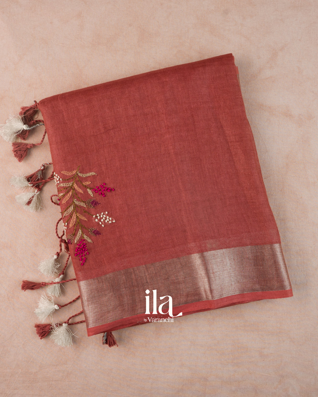 Rust Red French Knot Embroidered Semi Linen Saree
