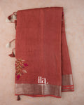 Rust Red French Knot Embroidered Semi Linen Saree