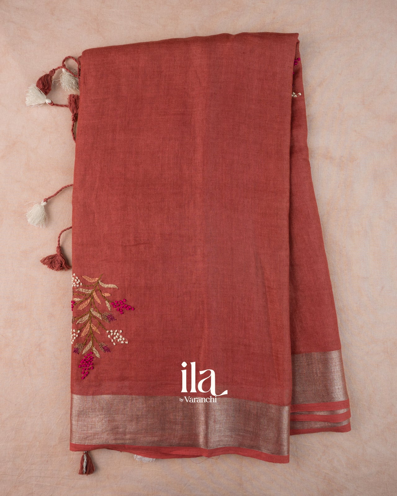 Rust Red French Knot Embroidered Semi Linen Saree