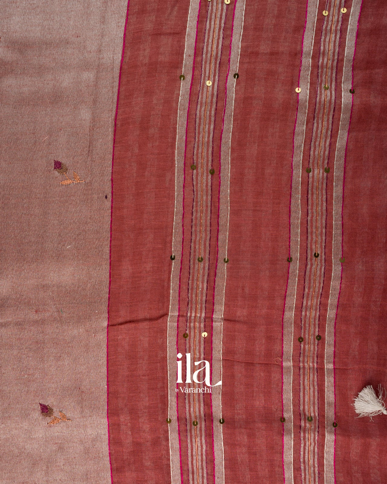Rust Red French Knot Embroidered Semi Linen Saree