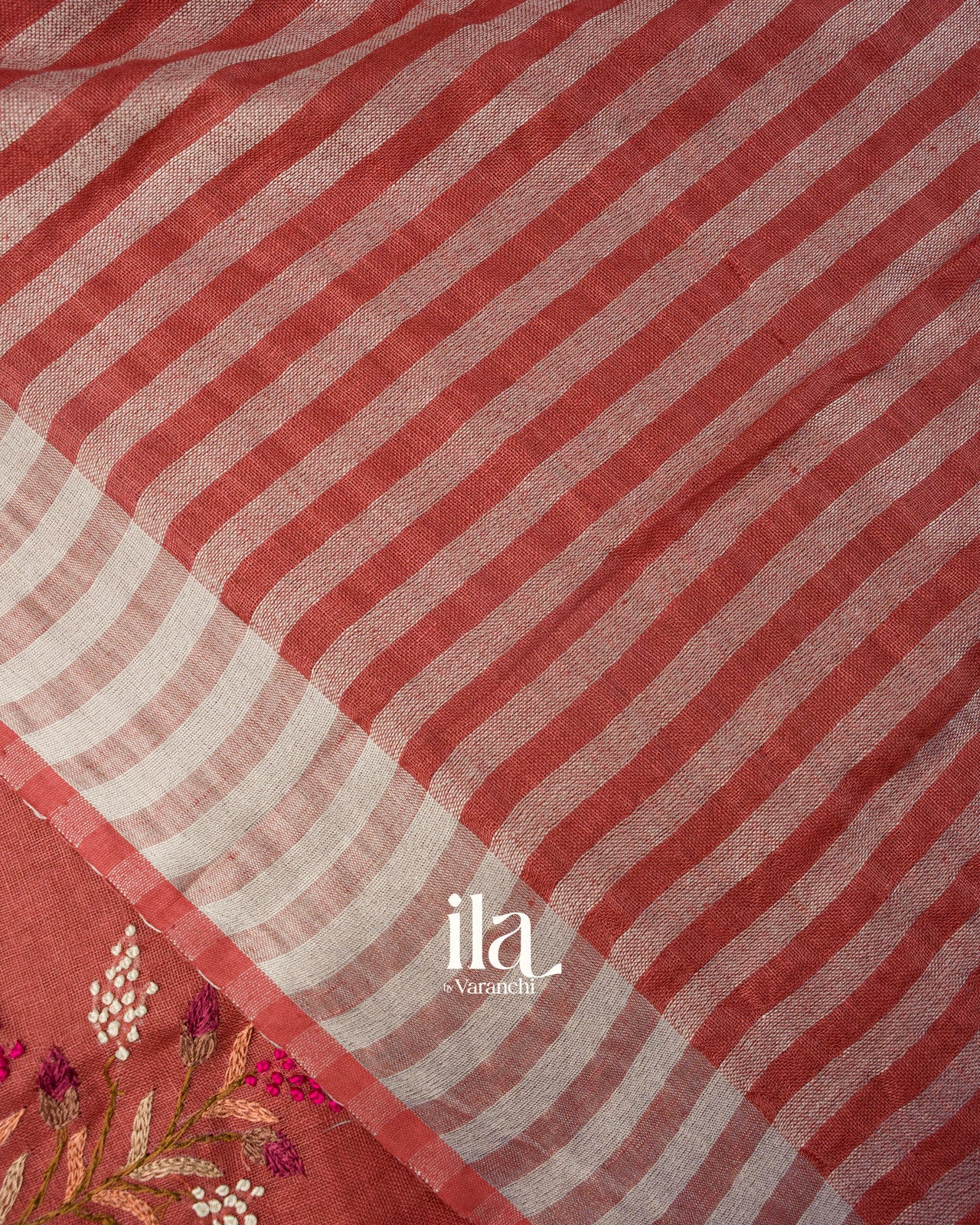 Rust Red French Knot Embroidered Semi Linen Saree