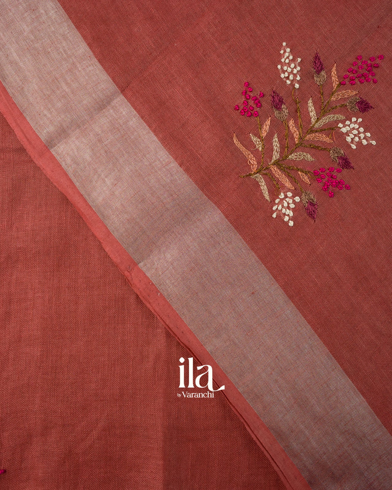 Rust Red French Knot Embroidered Semi Linen Saree