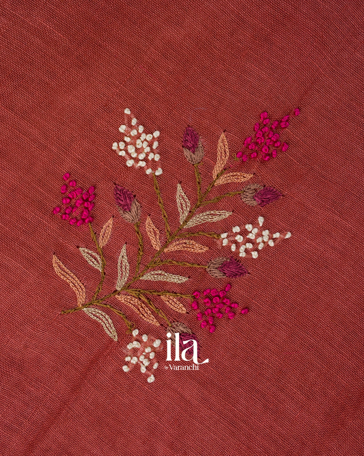 Rust Red French Knot Embroidered Semi Linen Saree
