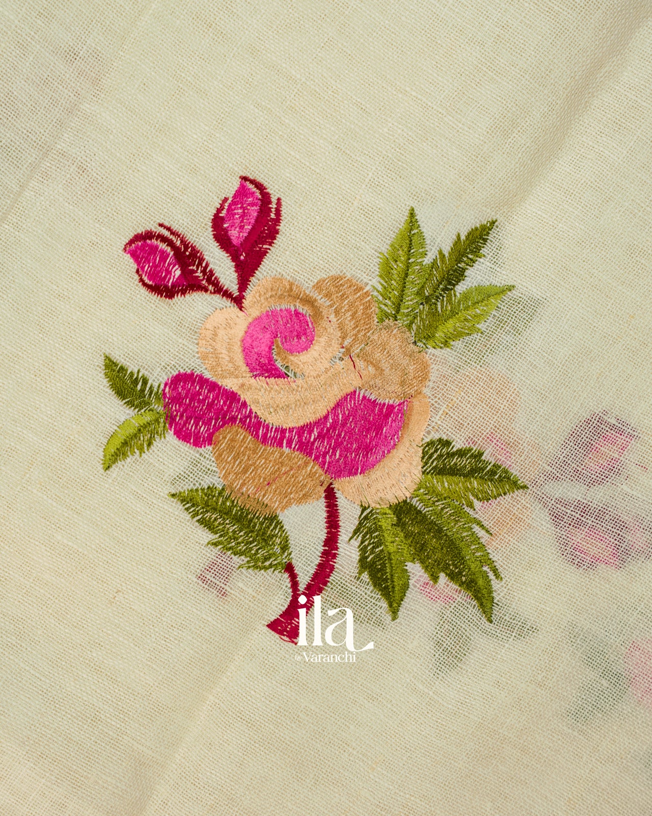 Ivory Floral Embroidered Semi Linen Saree