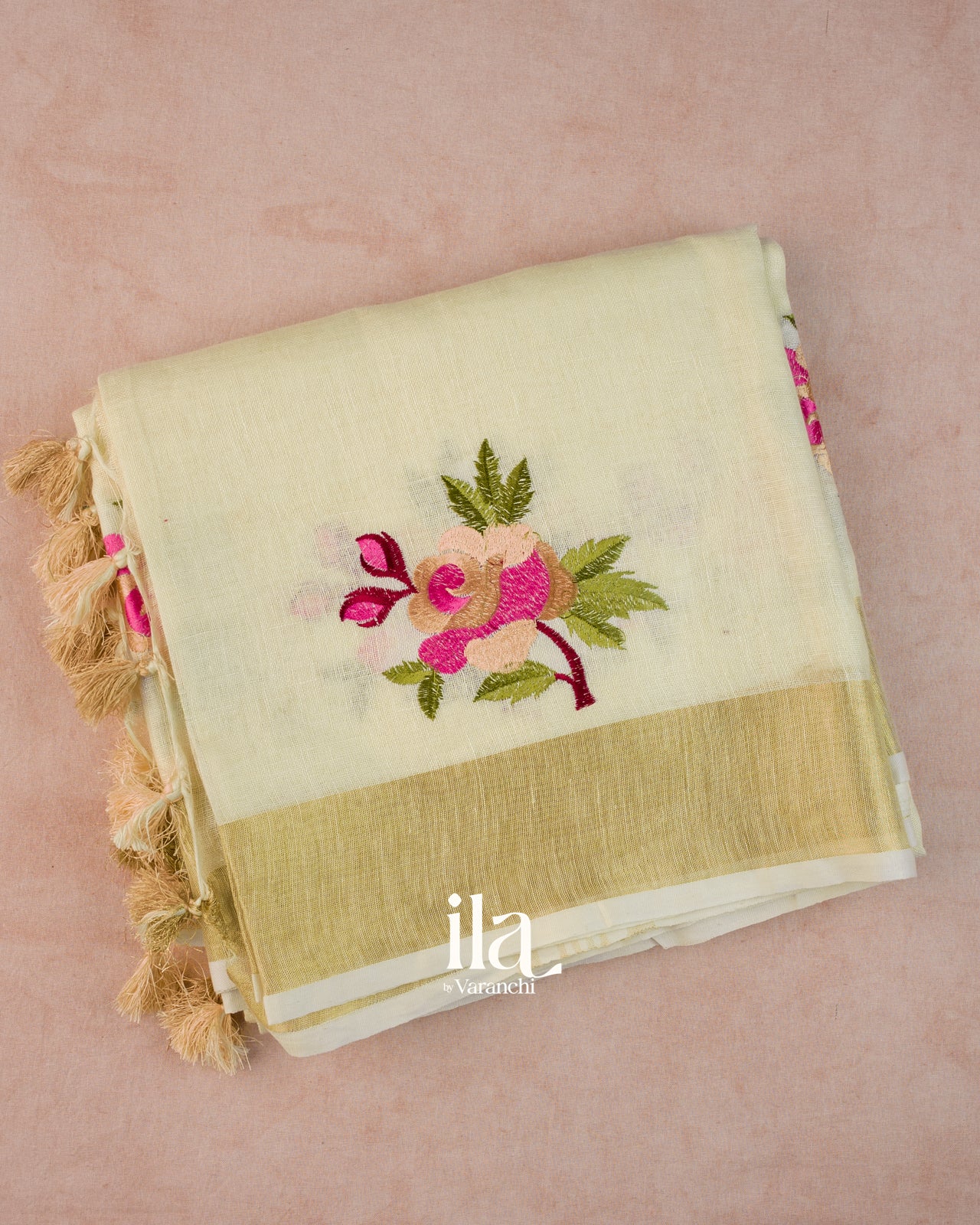 Ivory Floral Embroidered Semi Linen Saree